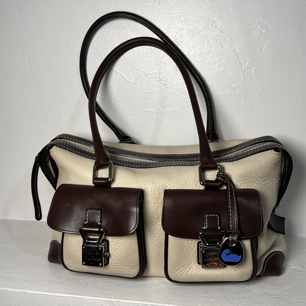 Dooney & Bourke cream & brown leather double pocket tote